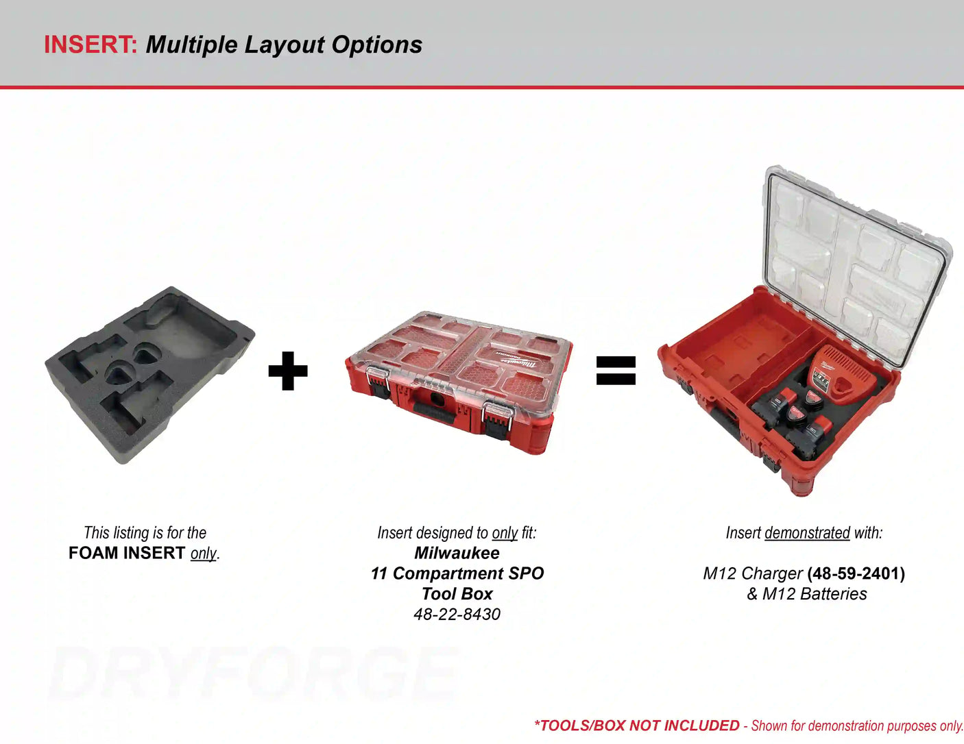 FOAM INSERT to store M12 Charger and Batteries in a Milwaukee Packout 11 Compartment Tool Box - Tools/Case NOT Included