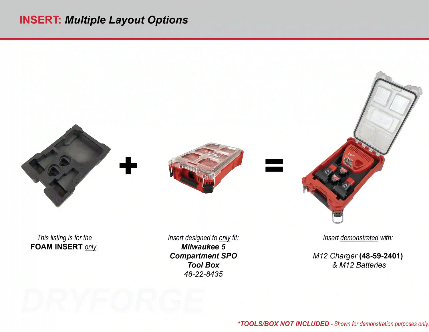 FOAM INSERT to store M12 Charger and M12 Batteries in a Milwaukee Packout 5 Compartment Small Parts Organizer - Tools/Case NOT Included