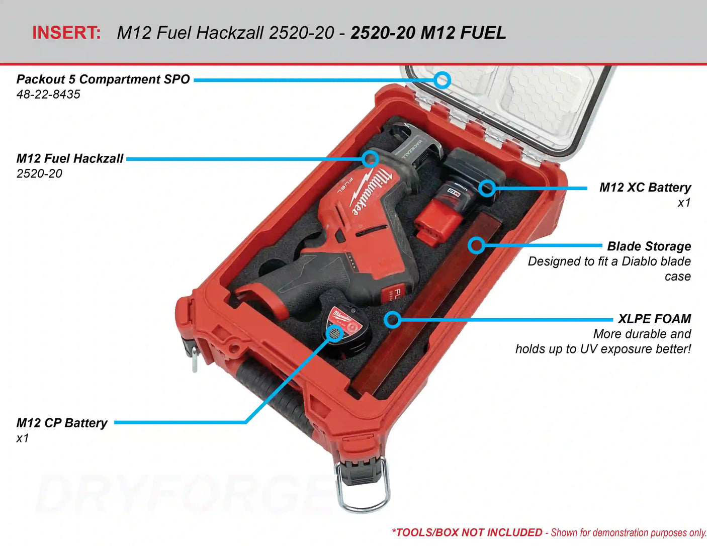 FOAM INSERT to store M12 Fuel Hackzall 2520-20 in a Milwaukee Packout 5 Compartment Small Parts Organizer - Tools/Case NOT Included