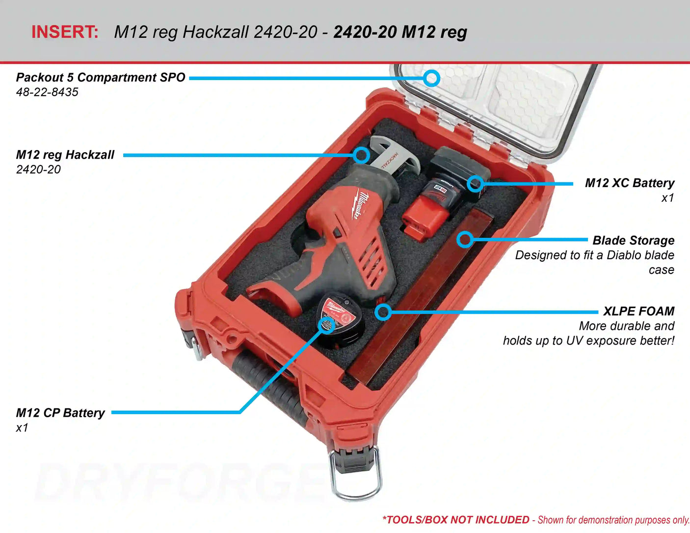 FOAM INSERT to store M12 Fuel Hackzall 2520-20 in a Milwaukee Packout 5 Compartment Small Parts Organizer - Tools/Case NOT Included