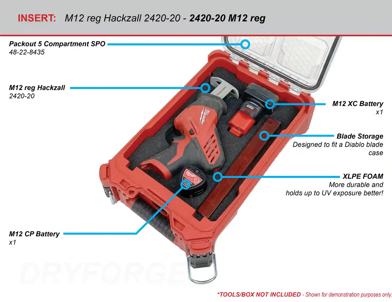 FOAM INSERT to store M12 Fuel Hackzall 2520-20 in a Milwaukee Packout 5 Compartment Small Parts Organizer - Tools/Case NOT Included