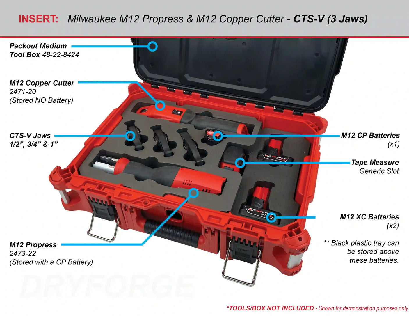 FOAM INSERT to store M12 Propress 4 CTS-V and 3 IPS Jaws in a Packout Medium Tool Box - Tools/Case NOT Included
