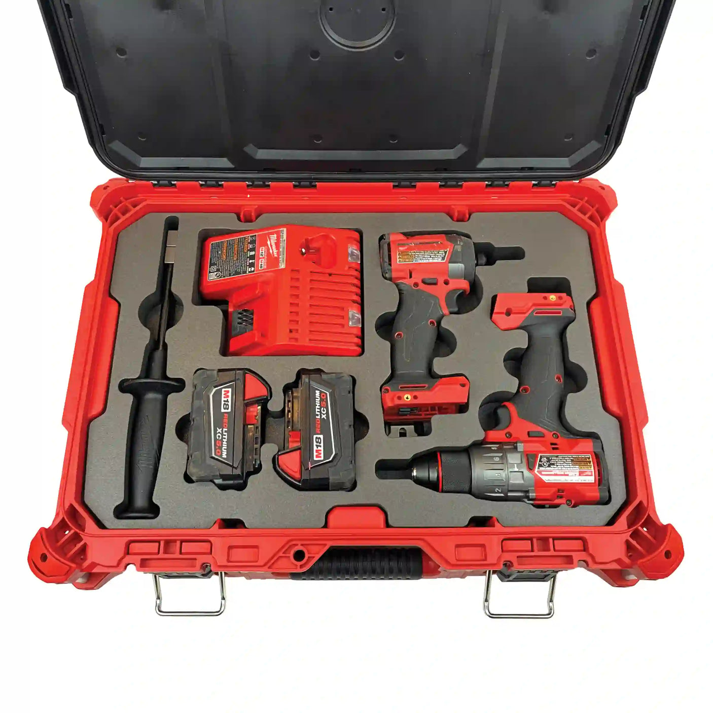 A gray XLPE foam insert manufactured by Dryforge to fit inside a Milwaukee Packout Medium Tool Box 48-22-8424 and to store the Milwaukee M18 Fuel Hammer Drill 2904-20 the M18 Fuel Impact 2953-20 along with the M18 charger, the hammer drill handle and two M18 XC 5 amp batteries.