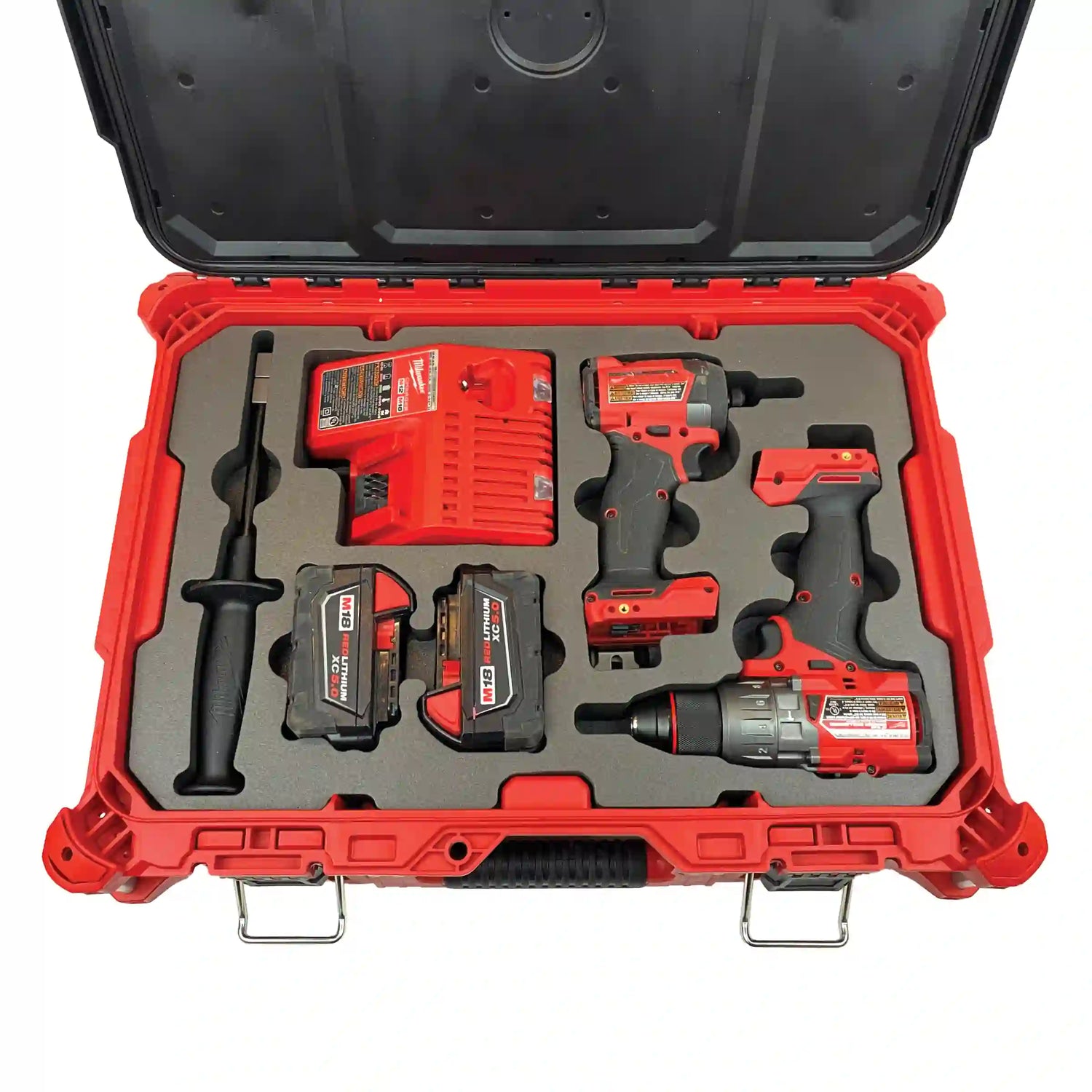 A gray XLPE foam insert manufactured by Dryforge to fit inside a Milwaukee Packout Medium Tool Box 48-22-8424 and to store the Milwaukee M18 Fuel Hammer Drill 2904-20 the M18 Fuel Impact 2953-20 along with the M18 charger, the hammer drill handle and two M18 XC 5 amp batteries.