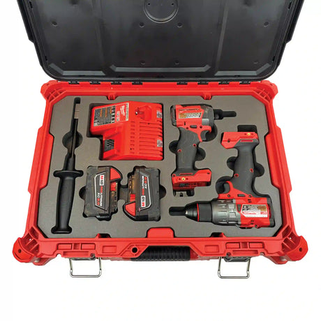 A gray XLPE foam insert manufactured by Dryforge to fit inside a Milwaukee Packout Medium Tool Box 48-22-8424 and to store the Milwaukee M18 Fuel Hammer Drill 2904-20 the M18 Fuel Impact 2953-20 along with the M18 charger, the hammer drill handle and two M18 XC 5 amp batteries.