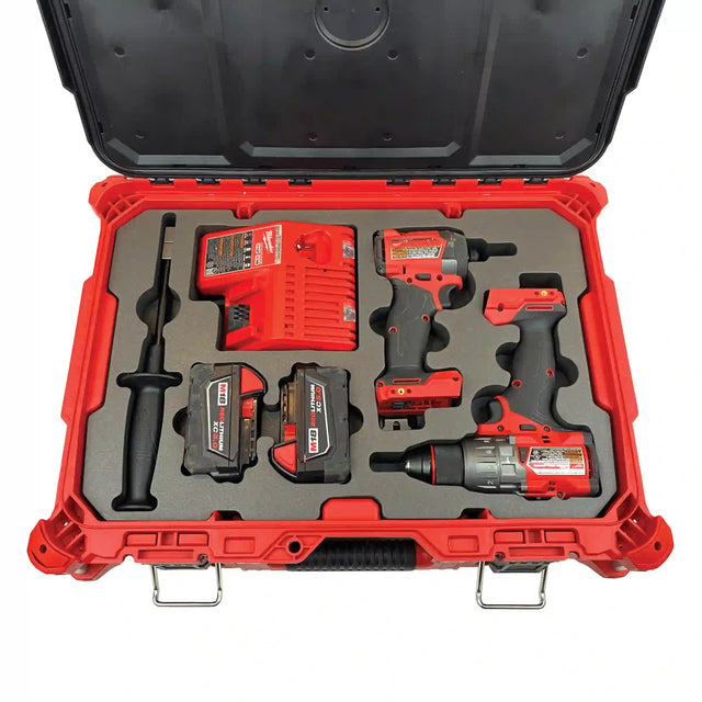 A gray XLPE foam insert manufactured by Dryforge to fit inside a Milwaukee Packout Medium Tool Box 48-22-8424 and to store the Milwaukee M18 Fuel Hammer Drill 2904-20 the M18 Fuel Impact 2953-20 along with the M18 charger, the hammer drill handle and two M18 XC 5 amp batteries.