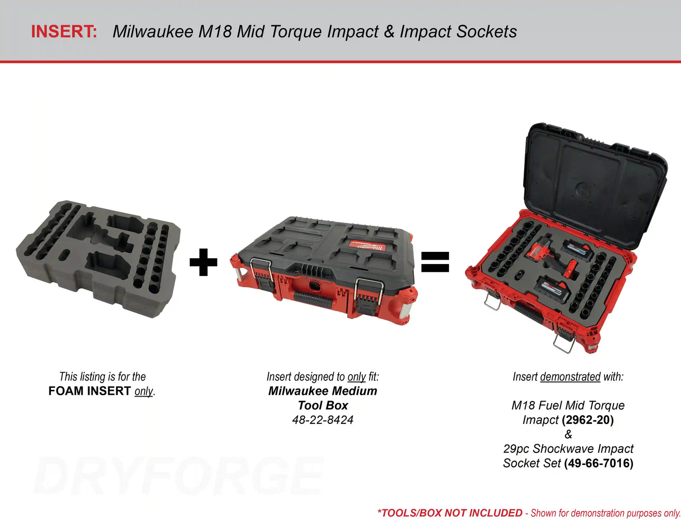 FOAM INSERT to store M18 Fuel Mid Torque Impact and 1/2" Shockwave Impact Socket Set in a Packout Medium Tool Box - Tools/Case NOT Included
