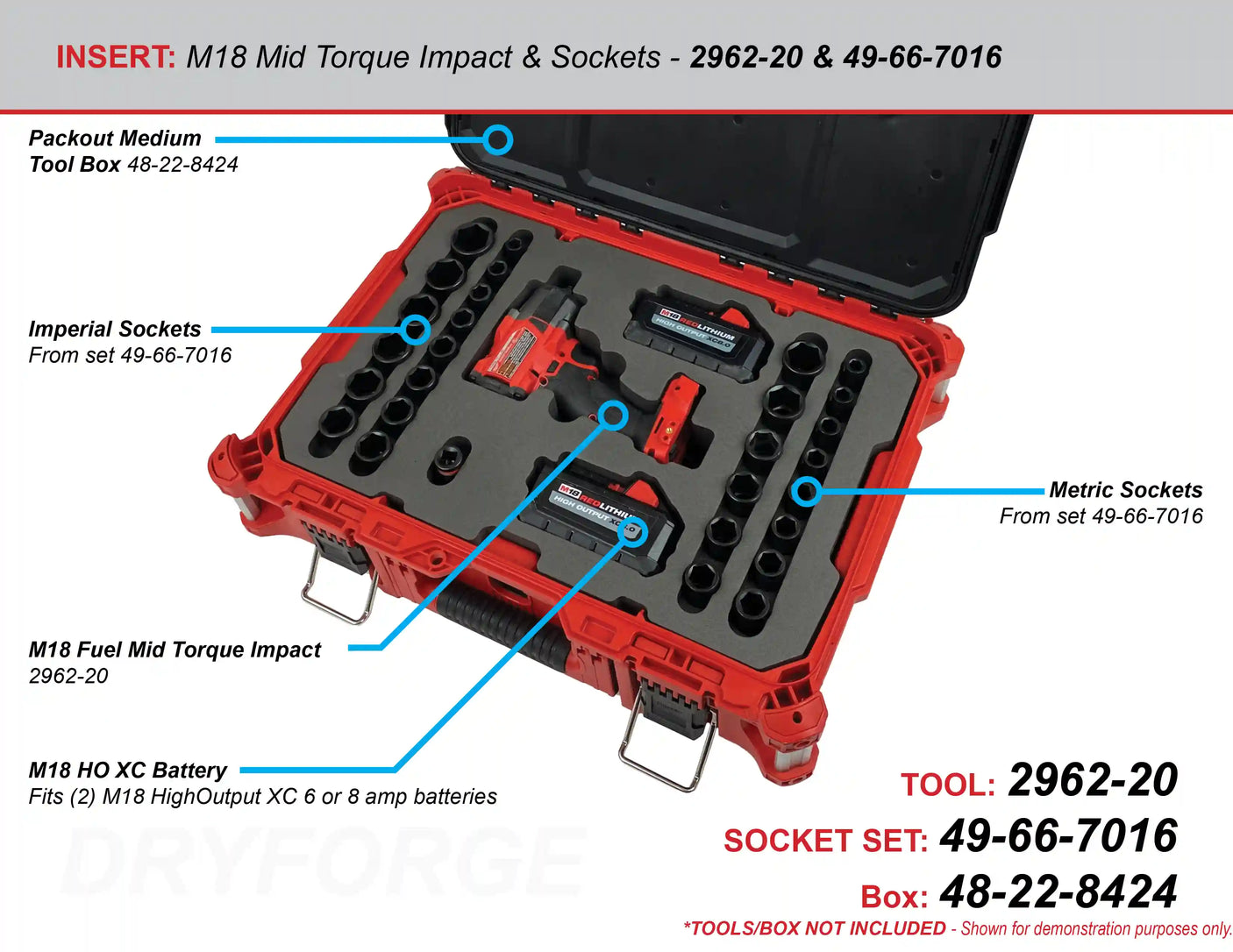 FOAM INSERT to store M18 Fuel Mid Torque Impact and 1/2" Shockwave Impact Socket Set in a Packout Medium Tool Box - Tools/Case NOT Included