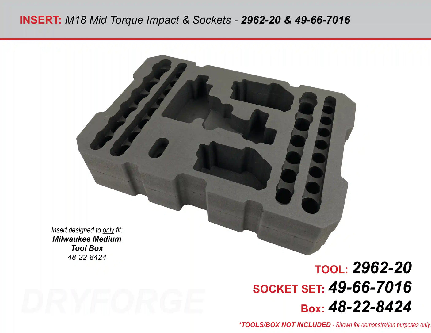 FOAM INSERT to store M18 Fuel Mid Torque Impact and 1/2" Shockwave Impact Socket Set in a Packout Medium Tool Box - Tools/Case NOT Included