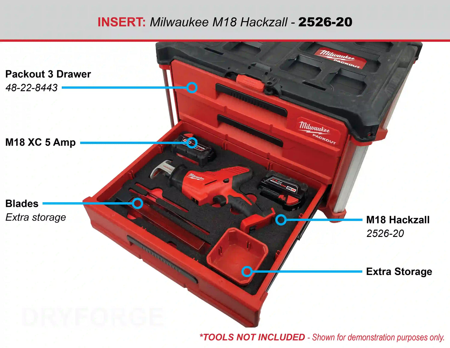 FOAM INSERT to store M18 Fuel Hackzall 2719-20 in a Milwaukee Packout 2 Drawer Tool Box - Tools/Case NOT Included