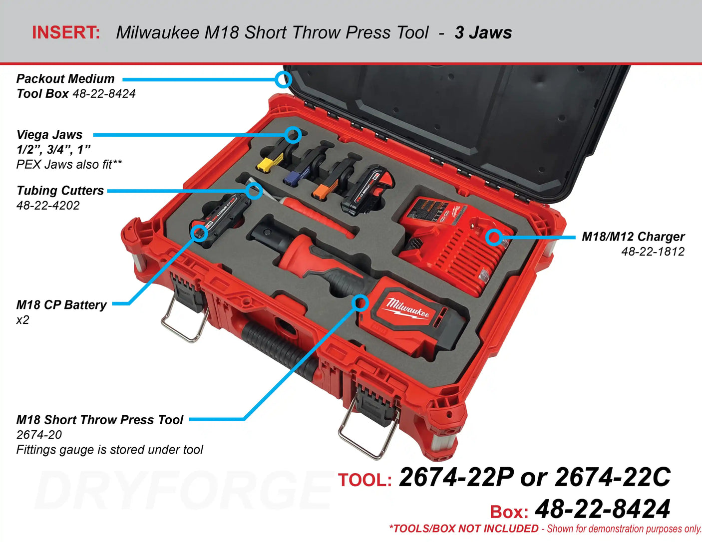 FOAM INSERT to store M18 Short Throw Press Tool 2674-22 in a Packout Medium Tool Box - Tools/Case NOT Included