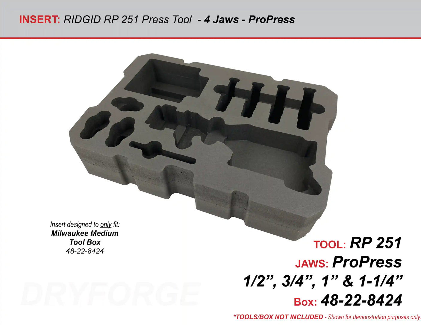 FOAM INSERT to store Ridgid RP 251 Compart Inline Press Tool Kit in a Packout Medium Tool Box- Tools NOT Included