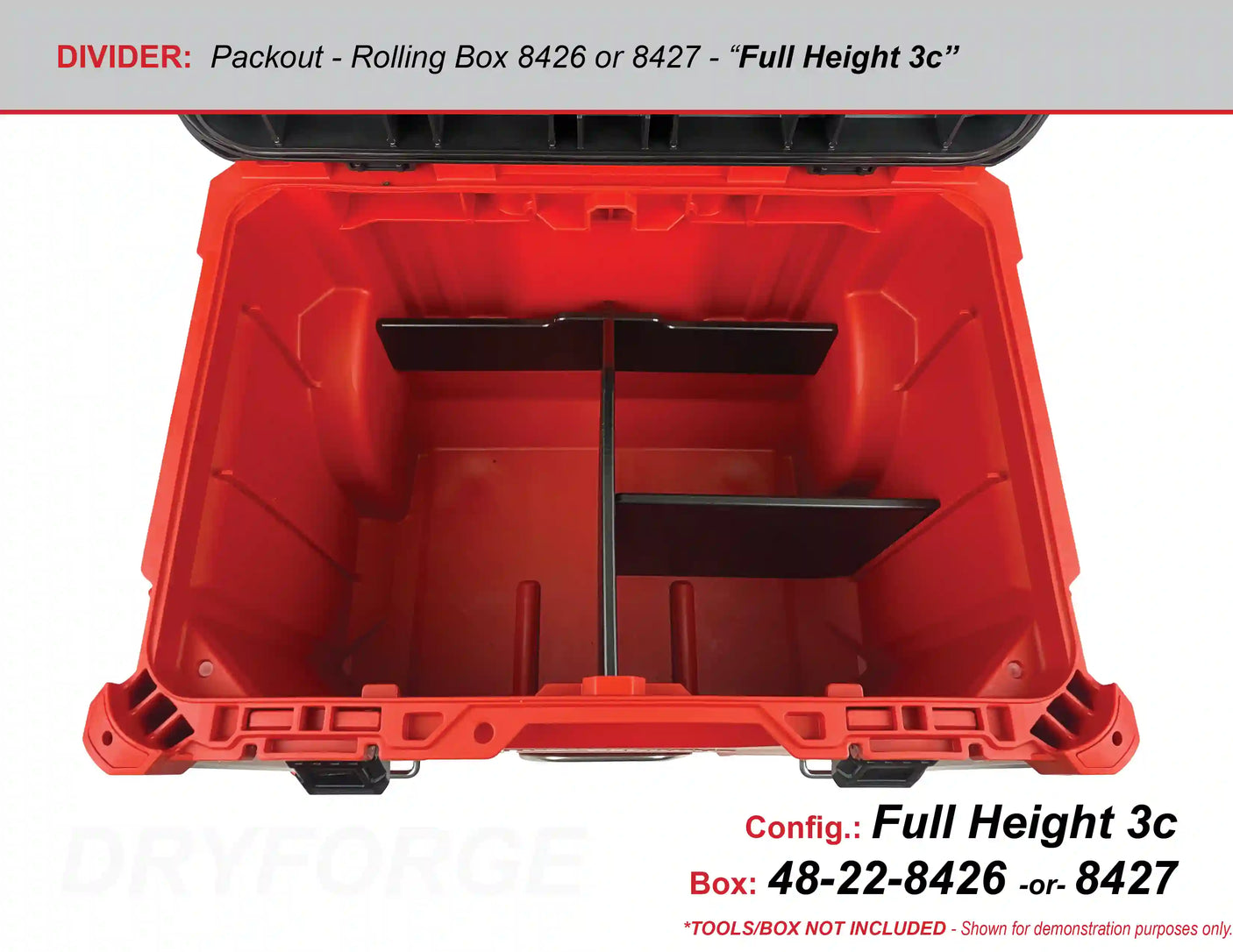 A red Milwaukee Packout Rolling tool box with the lid open showing a top down view of the inside of the tool box with the plastic dividers installed and the compartments they create for your tools