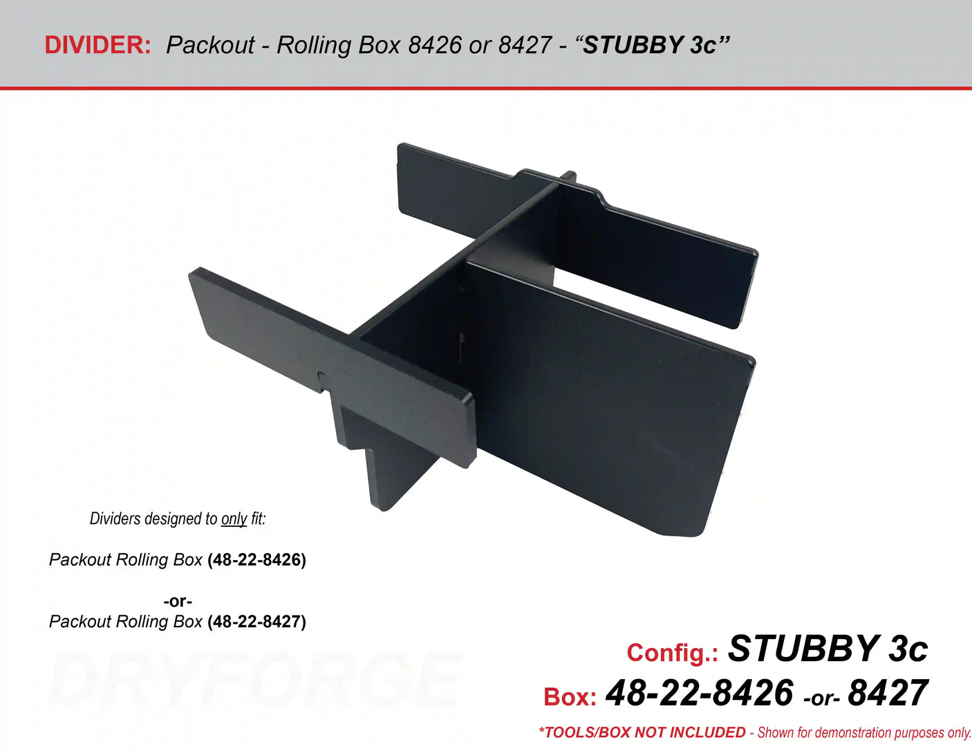 Shorter black plastic divider rack designed for a rolling box, shown on a white background with technical specifications and configuration text.