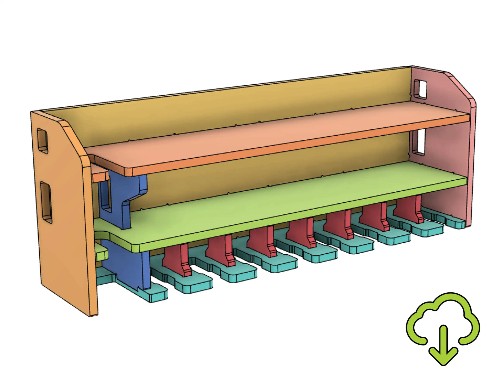 fusion360 3d model of a 9 slot drill holder charging station cabinet with a dedicated slot for hanging a reciprocating saw and storing a circular saw made from plywood on a cnc router machine
