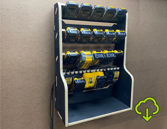 Dewalt 20v cordless battery charging storage holder made from plywood with amana CNC Router endmills on a Avid CNC Router Pro4896 machine. Once assembled using screws, the battery holder is mounted onto a wall and the battery chargers are plugged in.
