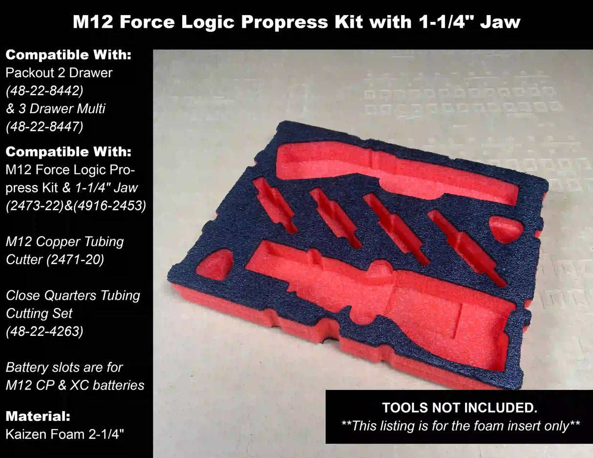 FOAM INSERT to store M12 Force Logic Propress 2473-22 and 1-1/4" Jaw in a Milwaukee Packout 2 Drawer - Tools/Case NOT Included