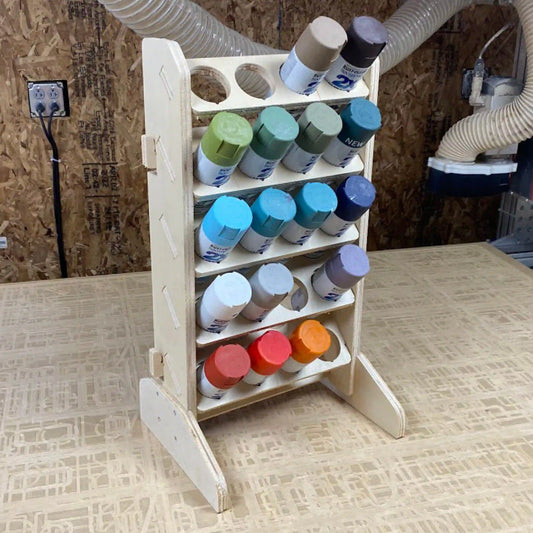 plywood aerosol spray can rack to store 20 spray cans made from plywood on a cnc router machine using a cnc router files for wood cnc router project files from fusion 360 vectric vcarve dxf svg files