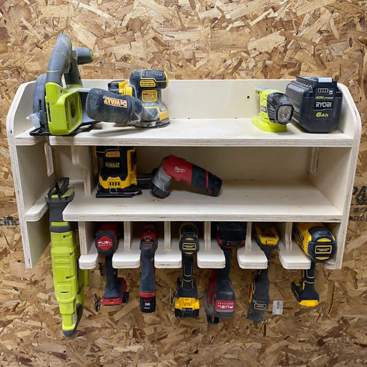7 slot cordless power tool charging station drill holder cabinet with a slot for storing a reciprocating saw and a slot for storing a circular saw made from plywood and cnc router project files on a cnc router machine