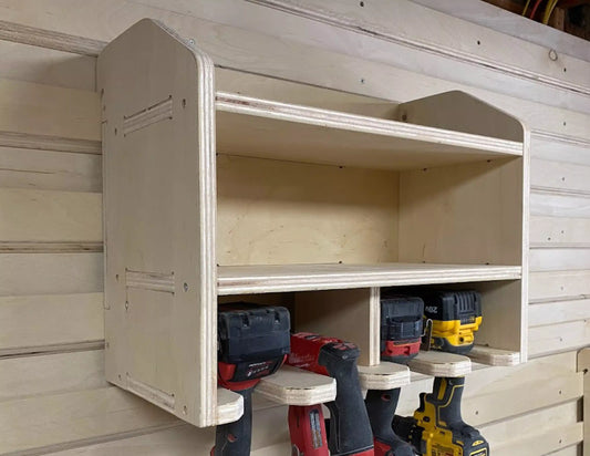 4 slot french cleat drill holder storage cabinet that stores up to 4 drills impacts or other cordless power tools that attaches to a french clear organization wall made from plywood on a cnc router machine using cnc router project files