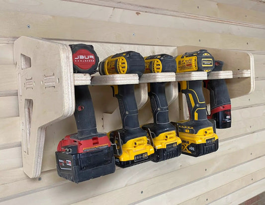 5 slot drill holder shelf that stores cordless power tools drills impacts on a french cleat storage wall cut from plywood using an endmill on a cnc router machine