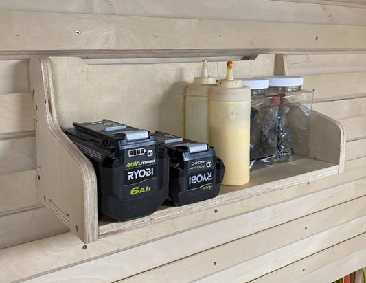French Cleat storage shelf made from plywood on a cnc router machine using cnc router project files to store items in a wood shop workshop