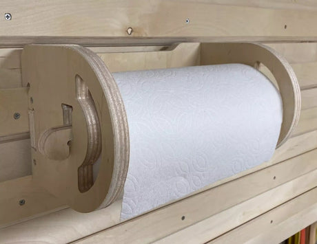 French Cleat paper towel dispenser that attaches to a french cleat wall made from plywood on a cnc router machine using cnc project files svg dxf