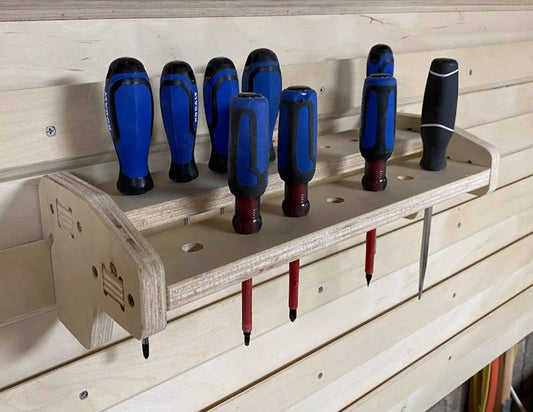 french cleat screwdriver storage rack shelf made shown on a french cleat wall made from plywood using fusion 360 cnc router files on a cnc router machine