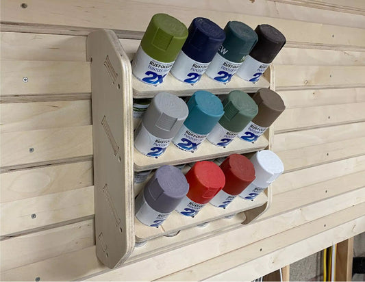 Aerosol Spray paint spray can rack that attaches to a french cleat storage wall that holds 12 cans of spray paint made from plywood on a cnc router machine using cnc files for wood cnc router projects