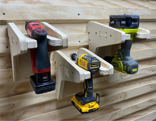 french cleat drill mount storage drill holder made from plywood on a french cleat storage wall to hold cordless power tools made on a cnc router machine