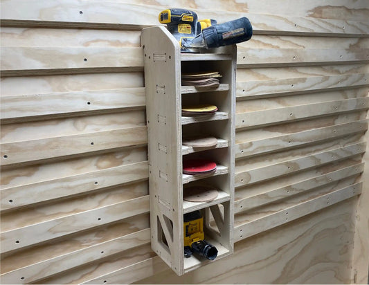 Tall plywood made sandpaper disk storage cabinet for storing sandpaper and orbital sanders in a woodworking shop made from cnc router projects files on a cnc router machine