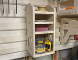 Small sandpaper storage cabinet for storing sandpaper disks and orbital sanders on a french cleat storage wall using a cnc router machine