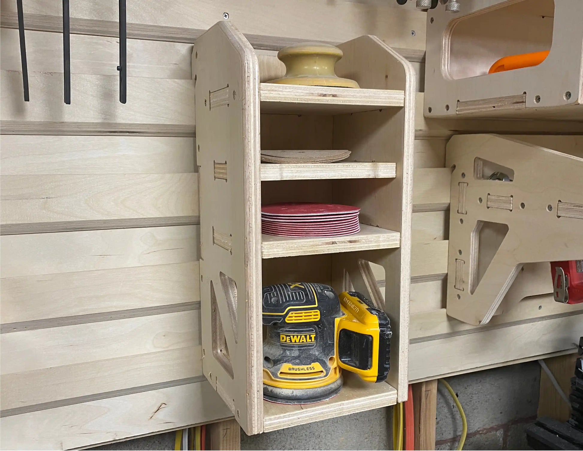 Small sandpaper storage cabinet for storing sandpaper disks and orbital sanders on a french cleat storage wall using a cnc router machine