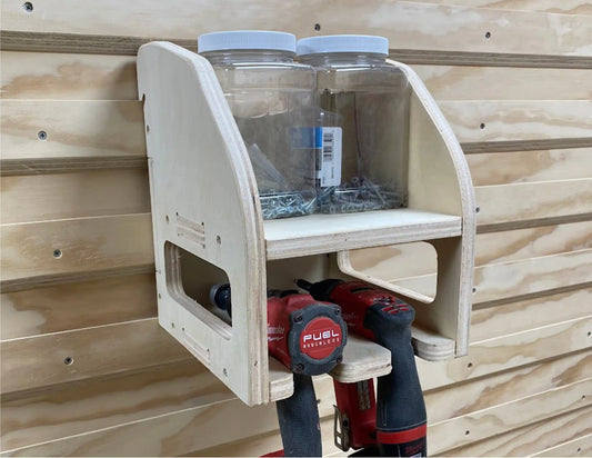 2 slot mini drill holder cabinet for storing cordless power tools on a french cleat wall made from plywood and cut on a cnc router machine 