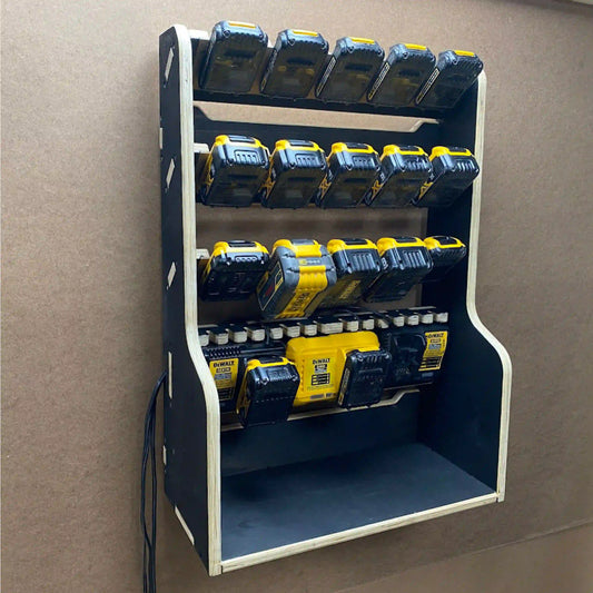dewalt battery holder 3d model of a wall mounted battery holder charging station with multiple battery chargers and 15 battery slots made from plywood on a cnc router machine project