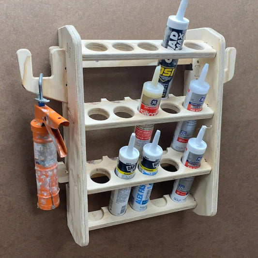 caulking tube storage rack holder for 15 tubes of caulking made from plywood with cnc router files on a cnc router machine
