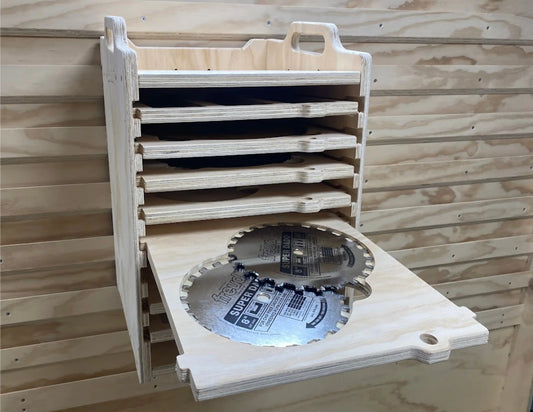 store miter saw blades circular saw blades table saw blades dado blade sets and router bits in this french cleat mounted blade storage container made from plywood on a cnc router machine