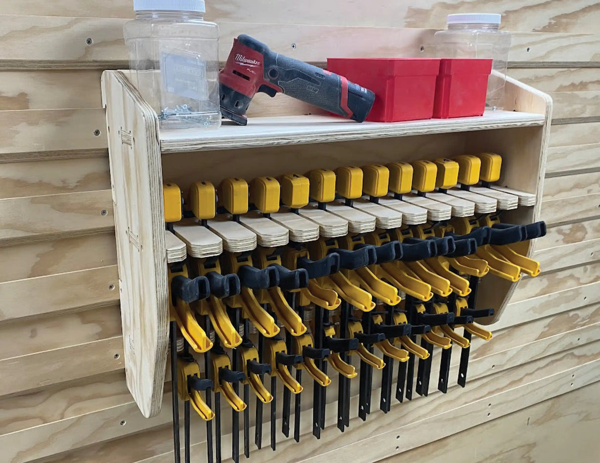 French Cleat Trigger Clamp storage rack cabinet designed to hold large woodworking clamps and small trigger clamps made from plywood using CNC router files on a cnc router machine