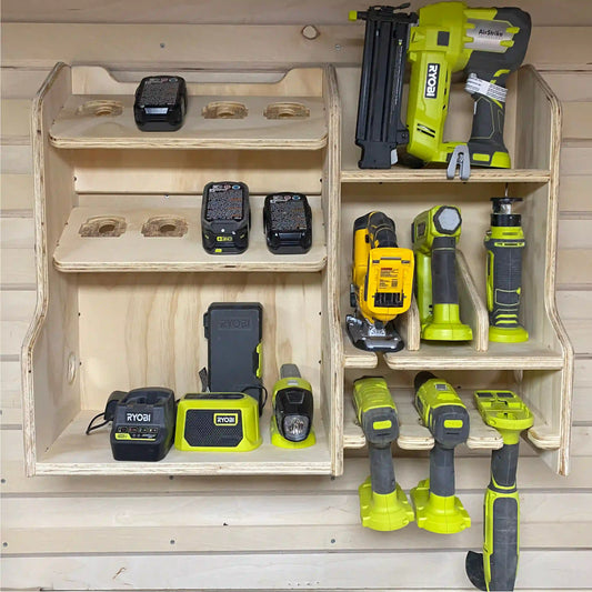 french cleat cabinet for storing ryobi 18v cordless power tools drills impact stapler jigsaw pin nailer and ryobi 18v cordless batteries to create a ryobi cordless power tool charging station made from plywood using cnc router project files on a cnc router machine