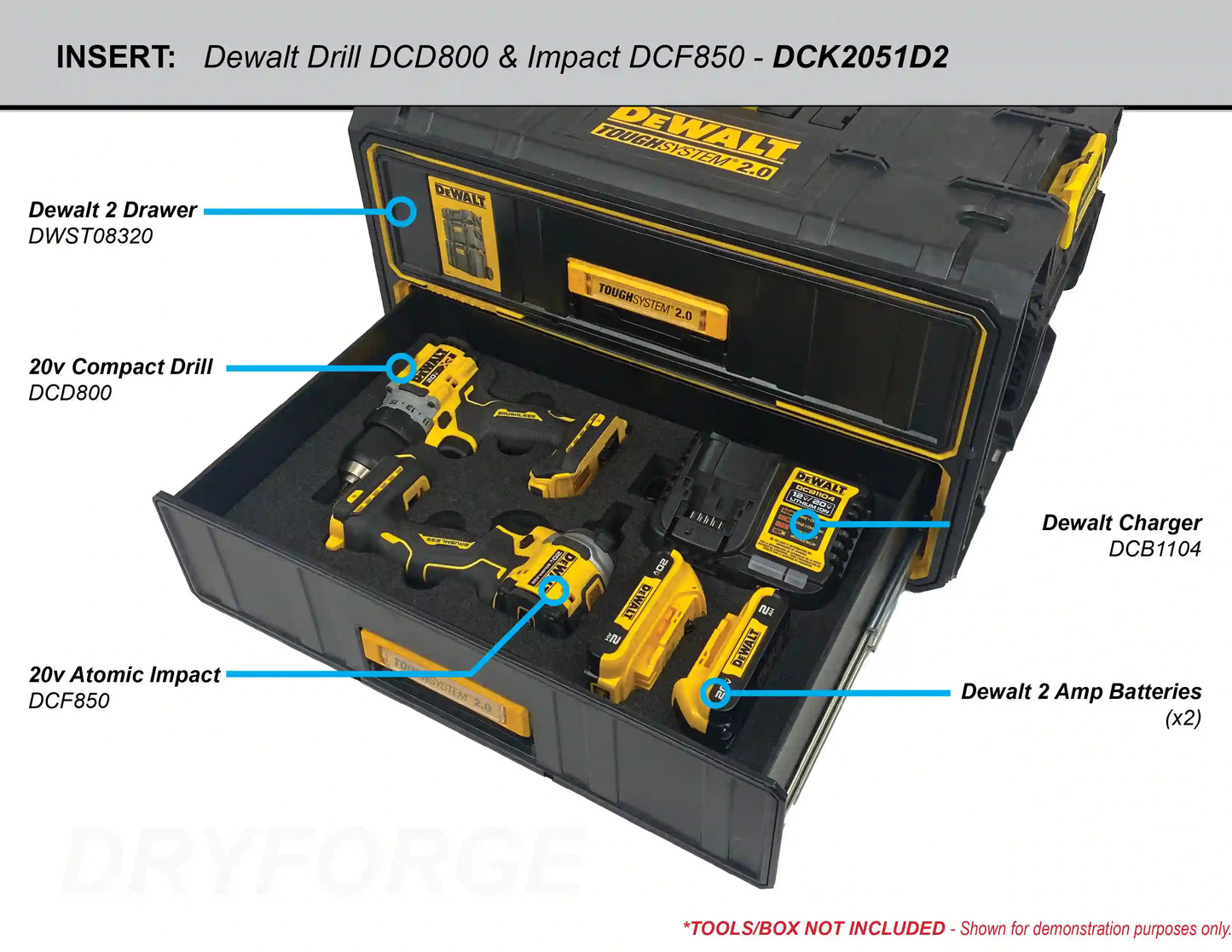 FOAM INSERT to store Dewalt Drill DCD800 and Impact DCF850 in a Dewalt 2 Drawer Tool Box - Tools/Box NOT Included