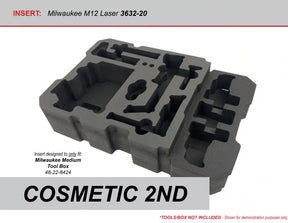 Gray XLPE foam insert for Milwaukee M12 3 Plane Laser 3632-21 kit in the Milwaukee Packout 48-22-8424 Medium tool box with text indicating it is a cosmetic part.