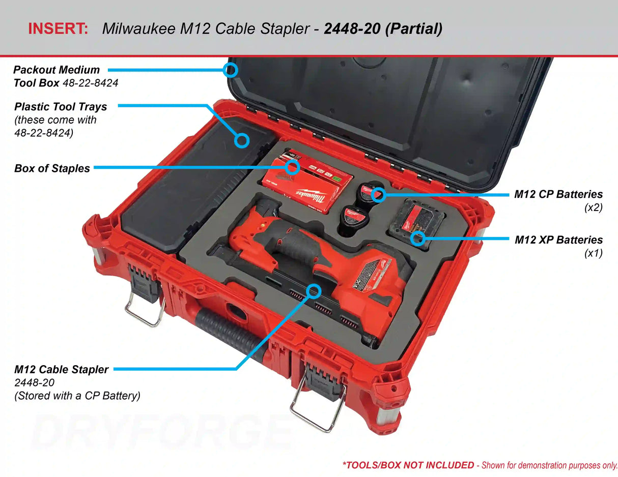 FOAM INSERT to store M12 Cable Stapler 2448-20 in a Milwaukee Packout Medium Tool Box 48-22-8424 - Tools/Case NOT Included