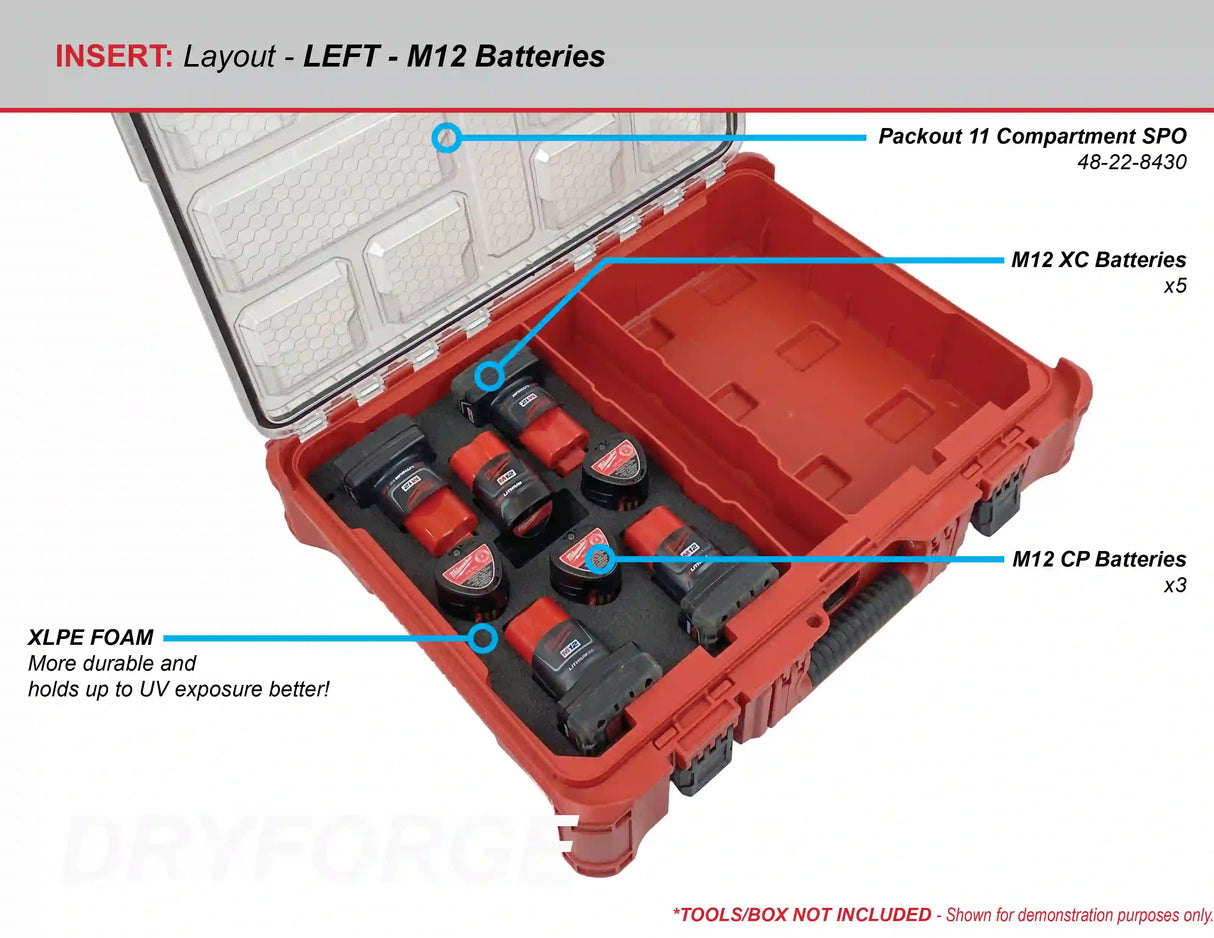 FOAM INSERT to store M12 XC Batteries in a Milwaukee Packout 11 Compartment Tool Box - Tools/Case NOT Included