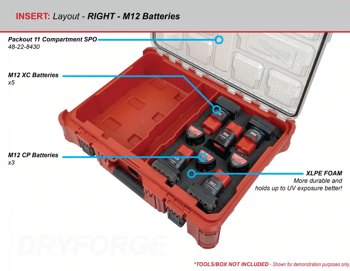 FOAM INSERT to store M12 XC Batteries in a Milwaukee Packout 11 Compartment Tool Box - Tools/Case NOT Included