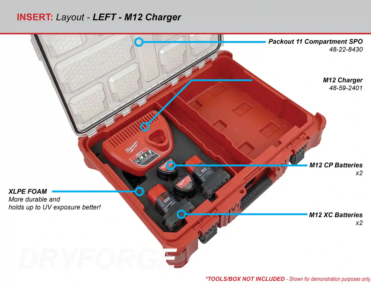 FOAM INSERT to store M12 Charger and Batteries in a Milwaukee Packout 11 Compartment Tool Box - Tools/Case NOT Included