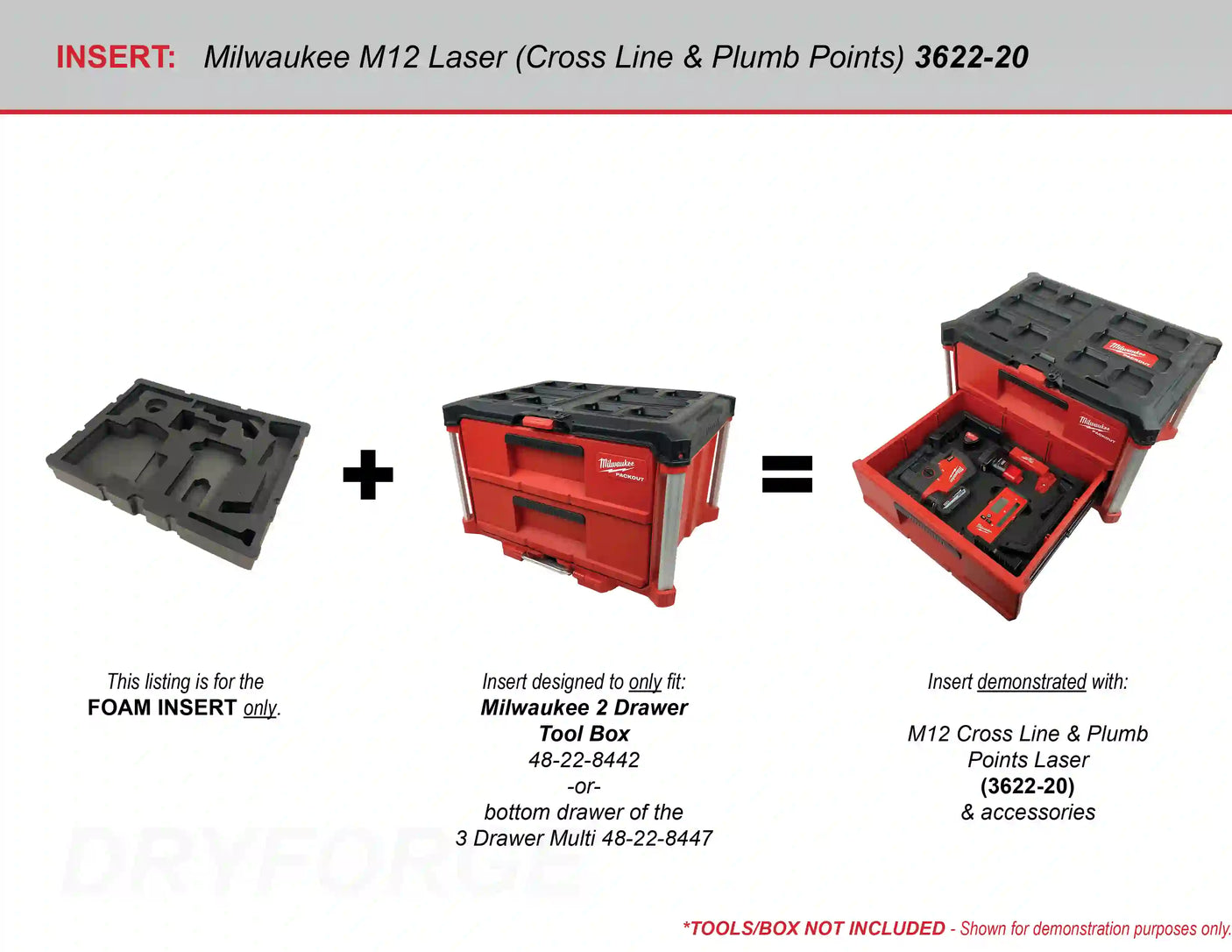 FOAM INSERT to store M12 Laser 3622-20 in a Milwaukee Packout 2 Drawer Tool Box - Tools/Case NOT Included