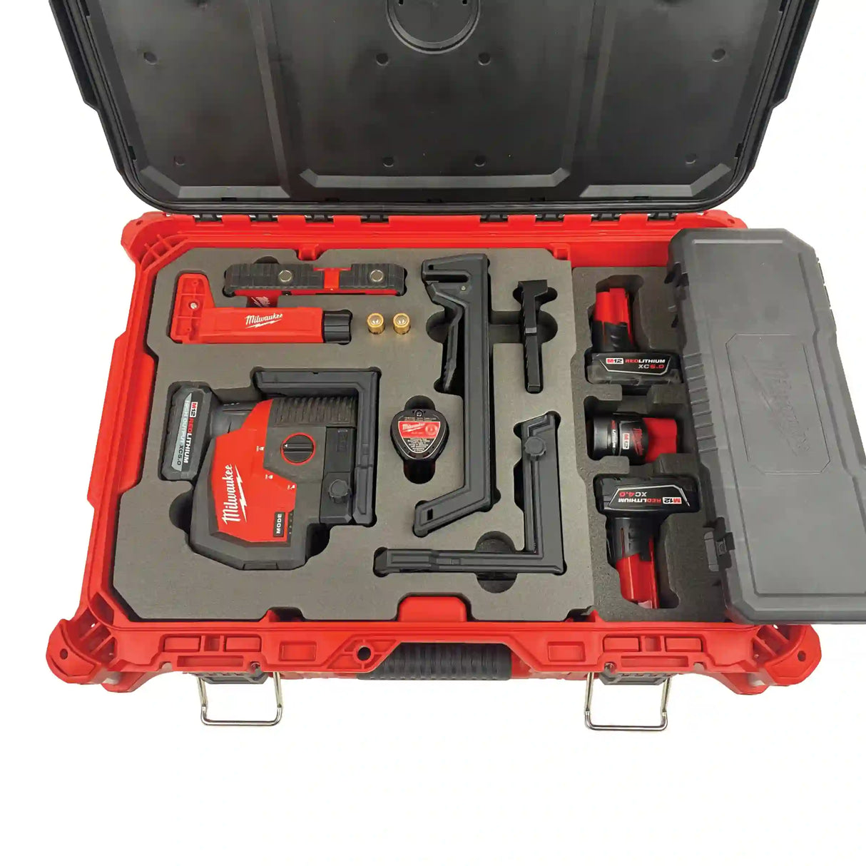 A gray XLPE foam insert manufactured by Dryforge to fit inside a Milwaukee Packout Medium Tool Box 48-22-8424 and to store the Milwaukee M12 Green Cross Line and Plumb Points 3622-20 along with m12 XC and CP batteries, and other laser kit attachment pieces.