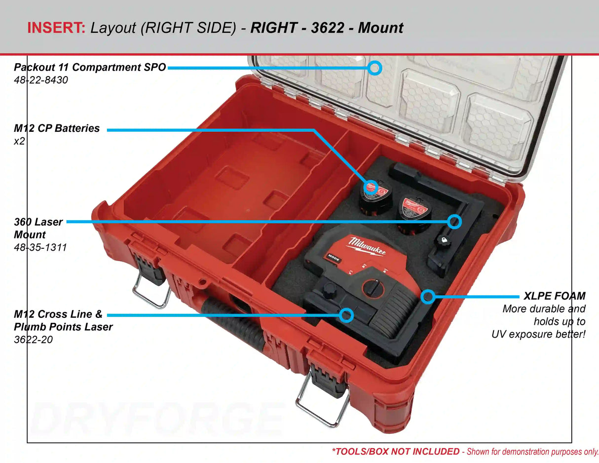 FOAM INSERT to store M12 Green 125ft Laser 3622-20 in a Milwaukee Packout 11 Compartment Tool Box - Tools/Case NOT Included