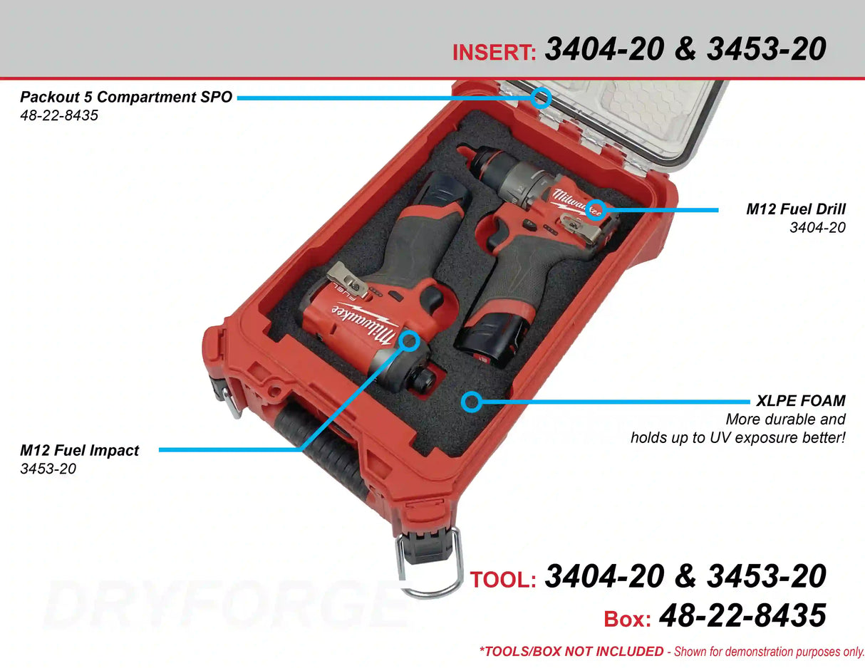 FOAM INSERT to store M12 Fuel Drill and Impact in a Milwaukee Packout 5 Compartment Small Parts Organizer - Tools/Case NOT Included