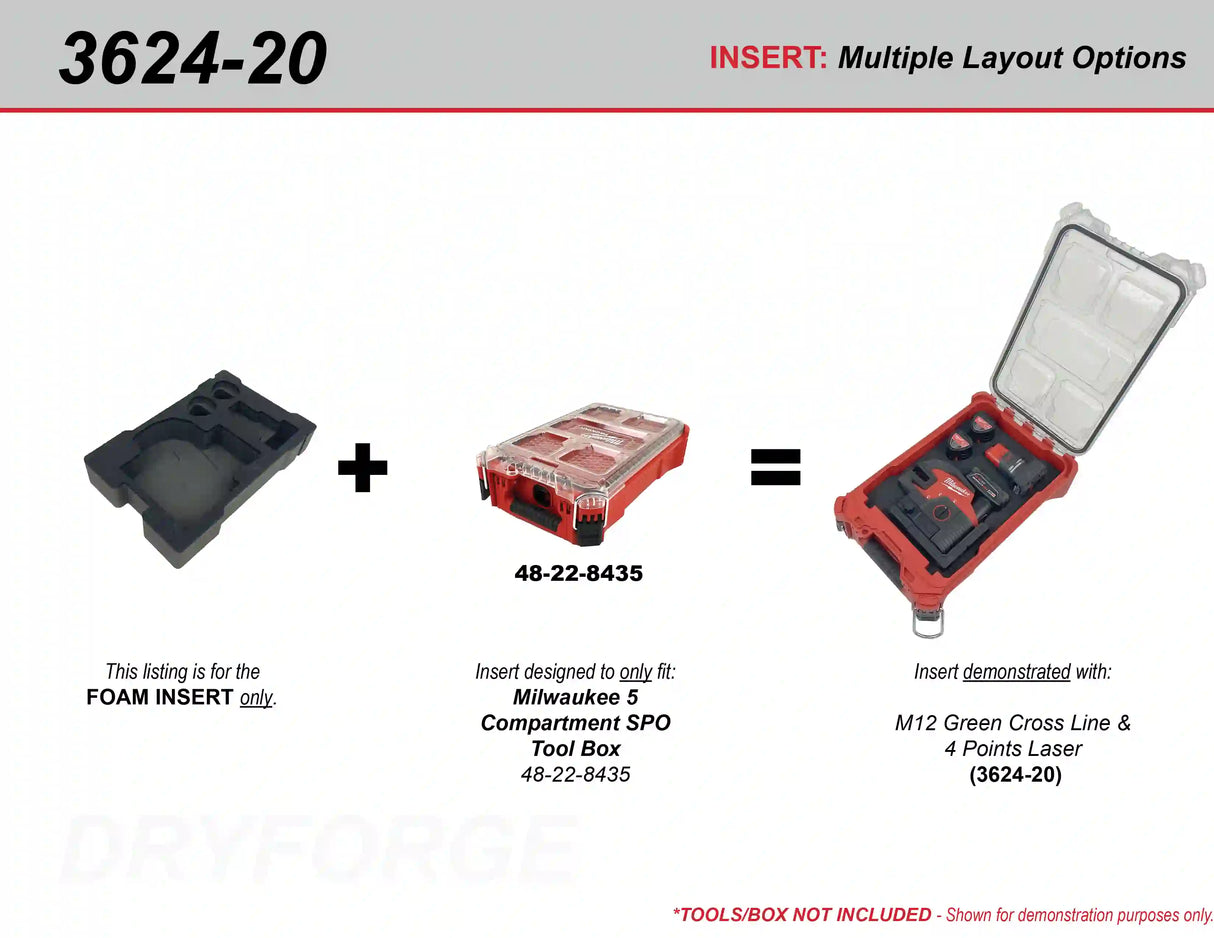 FOAM INSERT to store M12 Green Cross Line & 4 Points Laser 3624-20 in a Milwaukee Packout 5 Compartment spo - Tools/Case NOT Included